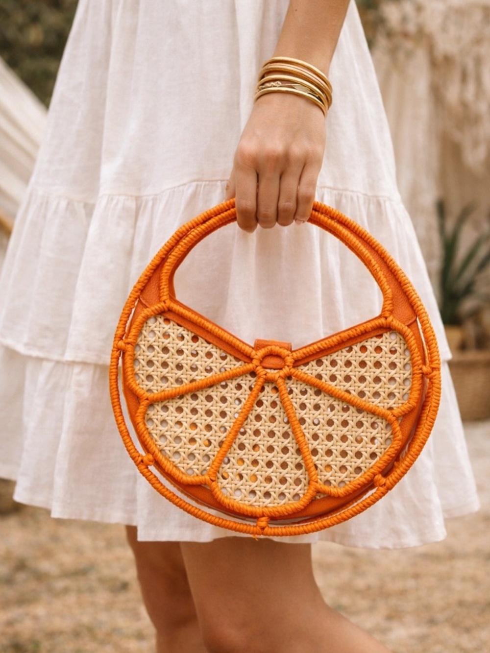 Orange Citrus Woven Statement Handbag Round Straw Look Summer Bag Boho Chic NWOT
